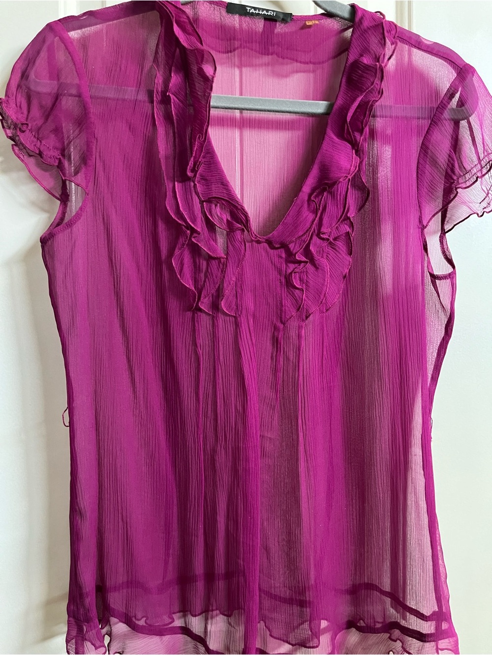 T Tahari Fuchsia Ruffled Sheer V-Neck Blouse